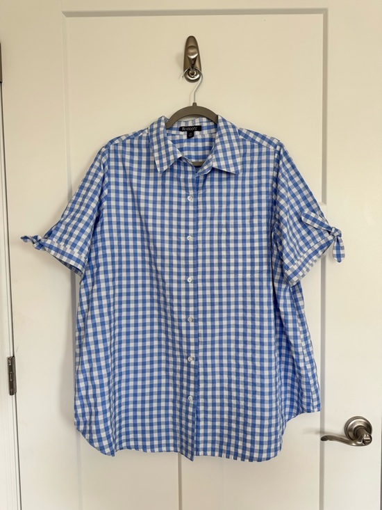 Roaman's Tops - Roaman's Blue White Gingham Check Button-Down Tie Short Sleeve Shirt Size 18W